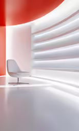 a modern chair is sitting against the red wall