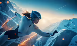 a female wearing a white suit flying over a mountain