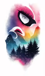 an artistic illustration with eyes, mountains and trees in the background