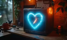 a heart - shaped neon light inside of a speaker