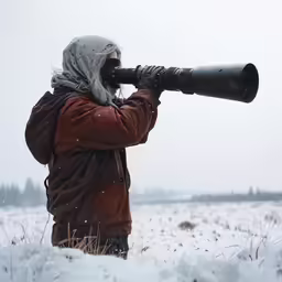 a person standing outside in the snow and using binoculars