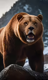 the brown bear is standing on the rock
