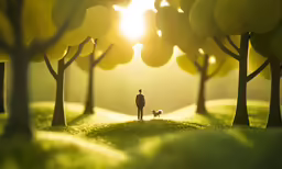 a man and his dog are walking towards the sunset