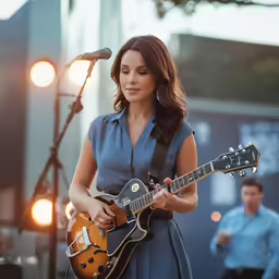 a girl in blue dress playing a guitar on stage