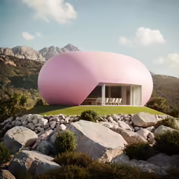 an unusual house with large pink arches on top of rocks