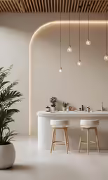 the modern kitchen is all white with wooden beams and exposed lighting