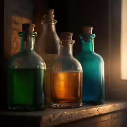 three bottles are shown on a ledge near each other