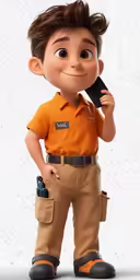 a small boy with an orange shirt and black belt is holding a black device in his hand