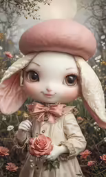 a digital painting of a cute bunny wearing a pink hat with flowers