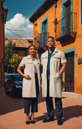 a black man and woman in matching coats are standing on a street