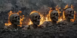 an image of four skeleton on fire with flames in the background