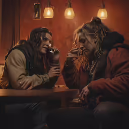 two people sitting at a table one smoking a cigarette
