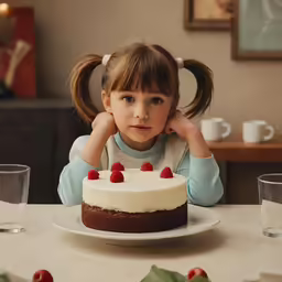 a young girl looking at a cake on a table