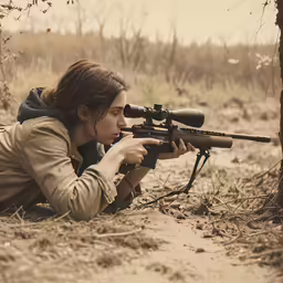 a woman aiming at something while laying on the ground