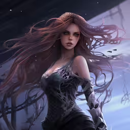 a girl is dressed in futuristic clothing and posing for a photo,a painting of a woman with very large hair