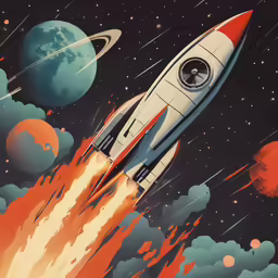 a painting of a spaceship is shown with other rockets