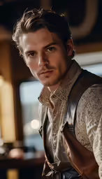 the young man in the leather vest is posing