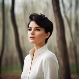 a woman standing in the woods looking at the camera
