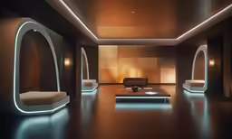 a very dimly lit room has modern furniture