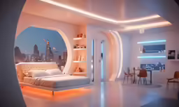 the bed is sitting in the middle of a room with a very large window