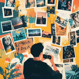 a person holding a camera near a wall with images