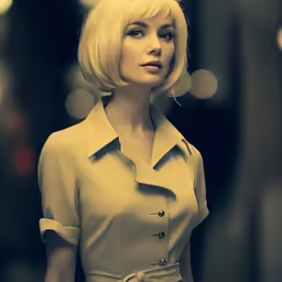 woman in short blonde wig and short hair standing alone