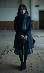 a woman wearing a coat, scarf, and dress is standing