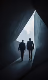 two businessmen in business suits walk through a tunnel
