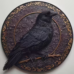 a black bird sitting on top of a metal plate