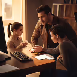 two adults and a child sitting at a computer