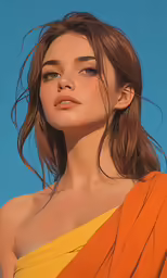 a young girl with brown hair wearing an orange top