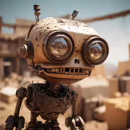 a silver robot statue with big eyes in the desert