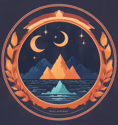 illustration of mountains and a moon over the water in an orange circle with a golden border,an illustration of a landscape with mountains and stars around it