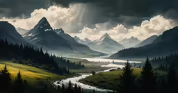 a forest and mountains covered in clouds with a stream