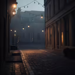 street with many lights hanging from it at night