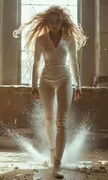 woman in white bodysuit walking in front of a window