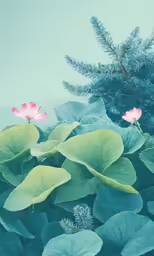 pink and white water lilies in front of evergreen - trees