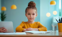 girl sitting at table looking up as if typing on laptop