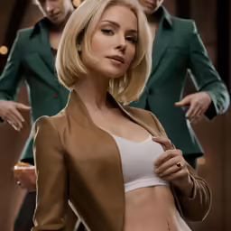 a woman with no shirt and a man in green jacket