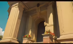 the flower pot on the top of the building is filled with flowers