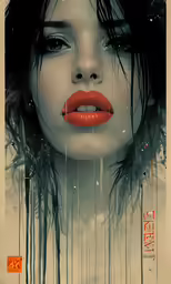 a woman with red lipstick and a black dripl background