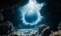 a photo taken from the inside of a cave with water on it