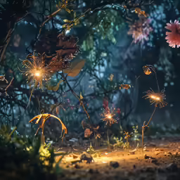 a plant with lights shining in the dark forest