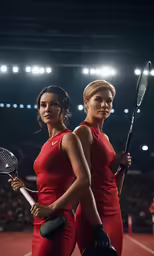 two girls stand holding tennis rackets and tennis balls