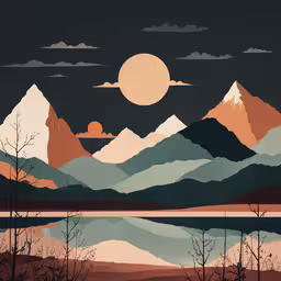 a painting shows mountains in the night,an artistic painting shows the moonlight above a mountain range and lake