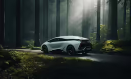 a car on a foggy road surrounded by trees