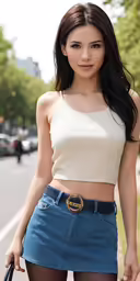 an asian woman walking down the sidewalk holding onto a purse
