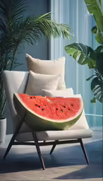 there is a watermelon pillow sitting on the chair