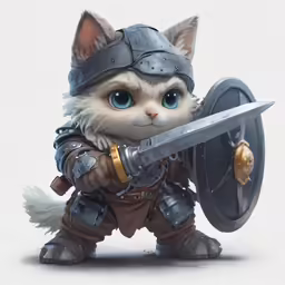 the cat is holding a knife and shield