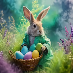 an image of a bunny with eggs on the grass
